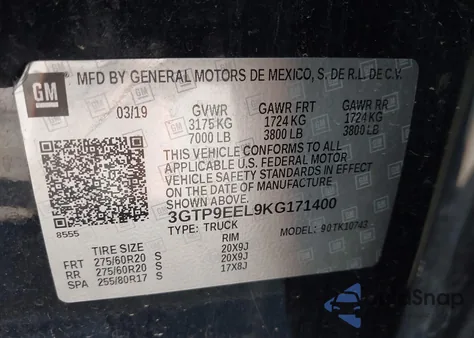 2019 GMC Sierra 1500 At4 from USA, damaged, VIN 3GTP9EEL9KG171400